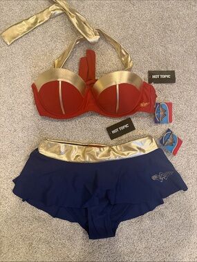 Hot Topic Wonder Woman Red and Gold Bikini Top with Blue Skirted Bottoms
